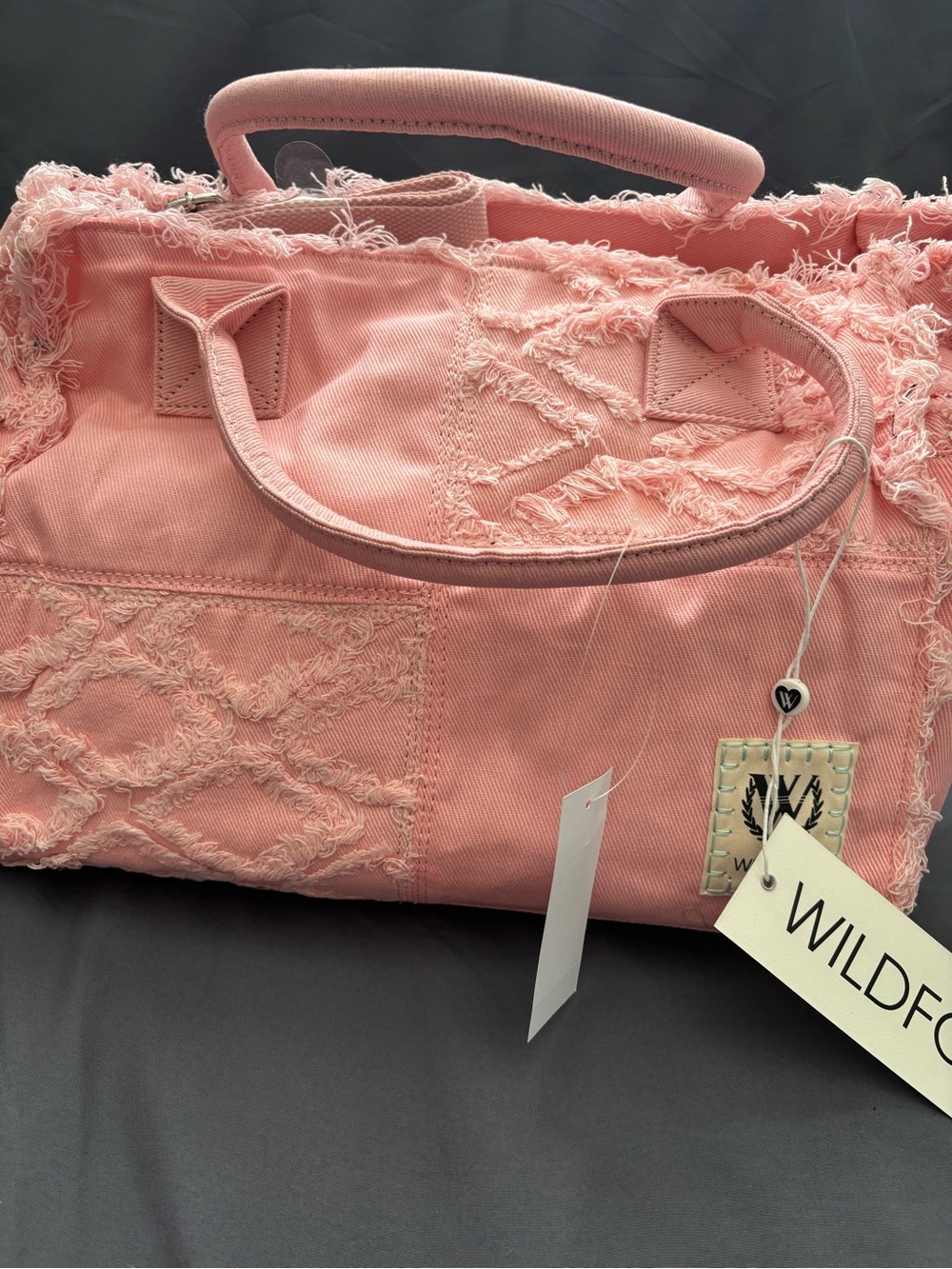 Wildfox Coral Pink Frayed Denim Canvas Tote